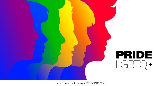 La gente enfrenta siluetas con colores de bandera arcoiris de símbolo LGBT. Orgullo LGBTQ+ Concepto de impresión, afiche y web. Ilustración vectorial.