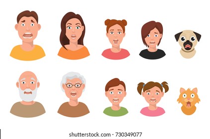 People facial emotions afraid fearful scared windy emotions human faces different expressions vector illustration in flat style.