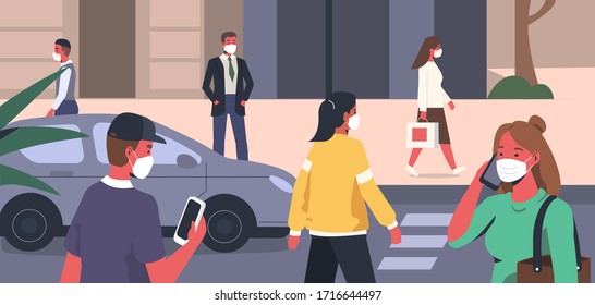 People With Facial Mask Walking Outside On Street.  Characters Wearing Medical Protection Mask To Prevent Coronavirus Epidemic And Other Disease. Safety Concept. Flat Cartoon Vector Illustration.