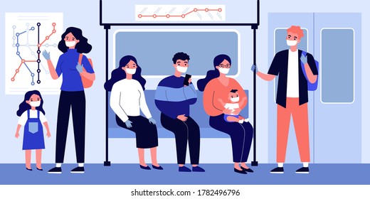 People in facial masks sitting and standing in underground train. Transport, glove, virus flat vector illustration. Pandemic and protection concept for banner, website design or landing web page