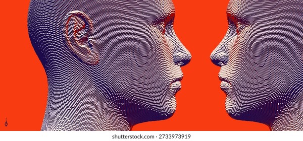 Menschen, die sich gegenüberstehen. Digitaler Kopf. Dialog, Kontakt, Austausch zwischen zwei Individuen. Voxel Art. 3D-Vektorgrafik für ein Banner, Poster, Cover oder eine Broschüre.