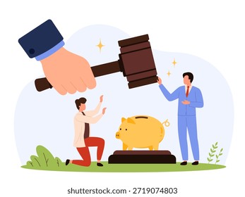 Personas que enfrentan problemas financieros con un mazo gigante, una hucha y un abogado que simbolizan la Asistencia legal, la resolución de deudas y la protección del dinero Ilustración vectorial aislada