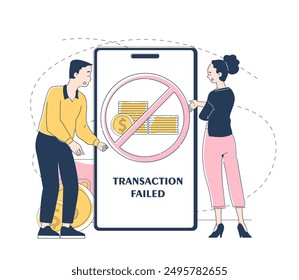 People with failed transaction. Man and woman near smartphone with gold coins. Electronic wallet and digital transfers, cashless payment. Linear vector illustration isolated on white background