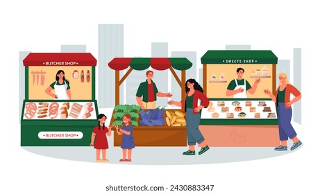 Gente en la feria. Vendedores y compradores. Tienda local con productos naturales y ecológicos. Hortalizas, panadería y mercados de carne. Ilustración plana del vector de la historieta aislada sobre fondo blanco