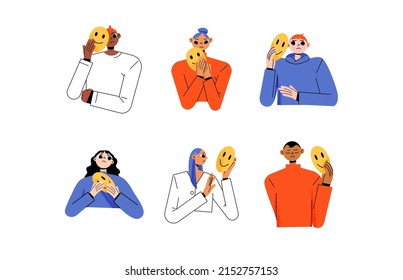 People with fake face mask hide real emotions. Vector flat illustration of diverse sad and unhappy men and women hold positive masks with smiling mouth isolated on white background