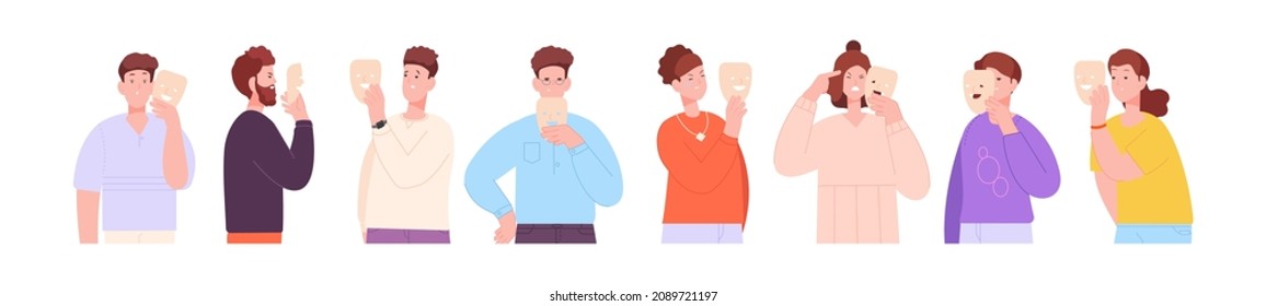 People fake mask. Face impostor hypocrisy liar, disguise happy, hiding feeling sad angry positive, person psychology, faceless anonymous, illusion mood girl vector. Illustration of face impostor