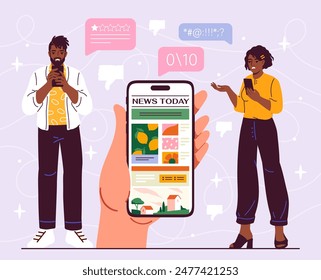 Personas con el concepto de noticias falsas. Hombre y mujer cerca de smartphone con Sitio web de medios masivos. Pareja con desinformación y propaganda. Ilustración vectorial plana de dibujos animados aislada sobre fondo blanco