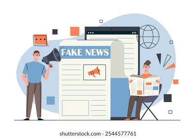 People with fake news. Man with loudspeaker and woman near huge newspaper article. Combating disinformation and propaganda. Dishonest mass media. Flat vector illustration isolated on white background