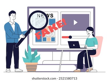 People with fake news. Man with magnifying glass and woman with laptop evaluate the news. Propaganda and disinformation. Bad mass media and journalists. Linear vector illustration