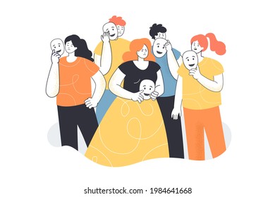 People faking emotions vector illustration. Depressed guys covering faces with masks. Personality, psycology, emotions concept for banner, website design