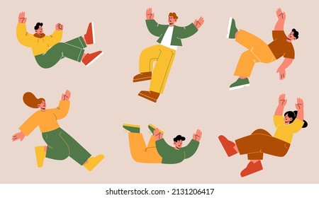 People fall down after slip, slide on wet floor or stumble. Vector flat illustration with person falling with injury risk. Men and women in shock and panic tumble down