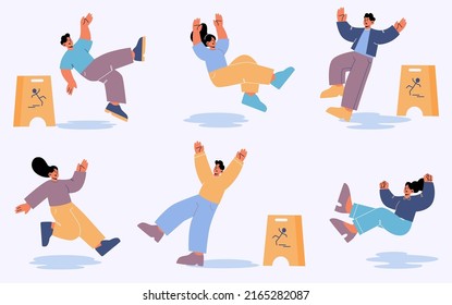 People fall down after slip on wet floor. Vector flat illustration with caution sign and characters slide on water or slippery floor and falling with injury risk isolated on white background