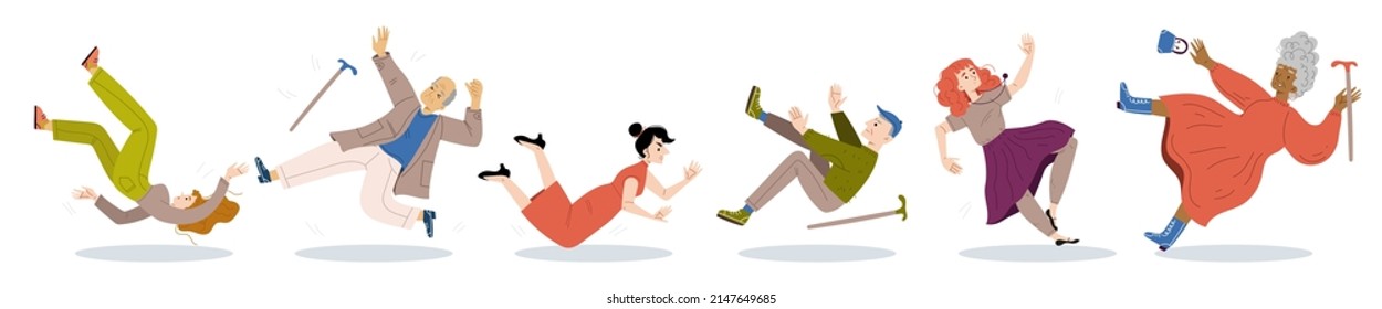 People fall down, clumsiness, danger accident, slip and stumble concept. Senior and young characters in ridiculous postures falling down on wet floor, Linear cartoon flat vector illustration, set - Shutterstock ID 2147649685