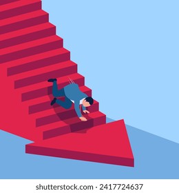 people fall down stairs towards a downward arrow, a metaphor for the downfall of a business. Simple flat conceptual illustration.