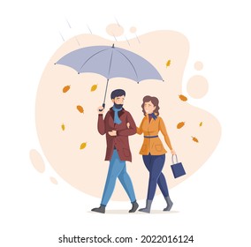 Gente en otoño, disfrutando de la actividad otoñal. Pareja caminando junto con un paraguas en lluvia y caída de hojas de otoño. Feliz pareja de novios que caminan en los días lluviosos y hablan del vector de dibujos animados