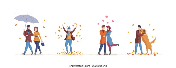 People in fall, enjoying autumn activity. Couple, family, friends spending time together walking. People walk in fall, fall in love, walk dog cartoon flat