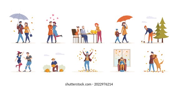 People in fall, enjoying autumn activity. Couple, family, friends spending time together walking, collecting mushrooms, going to school, Halloween party, harvest picking, Thanksgiving day cartoon flat