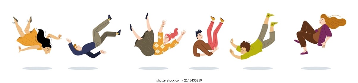 People fall from high, fly down. Vector flat illustration of accident, danger, risk of injury and trauma. Characters in fear and shock tumble from height isolated on white background