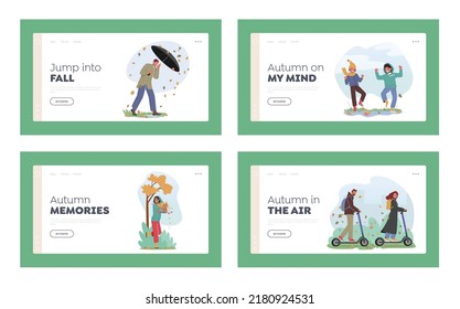 Personas Caen Actividades Al Aire Libre Landing Page Template Set. Los personajes caminan el día de otoño, conducen escopetas, caminan en parque con perros, juegan con hojas, los niños saltan sobre charcos. Ilustración del vector de dibujos animados