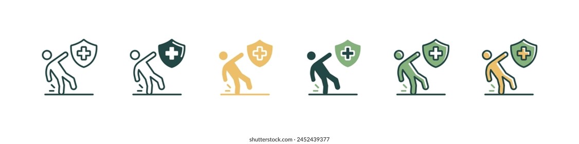 icono de seguro de salud de la señal de protección contra caídas de las personas establecer la póliza de protección de vida con Ilustración vectorial cruzada de escudo para Web y App