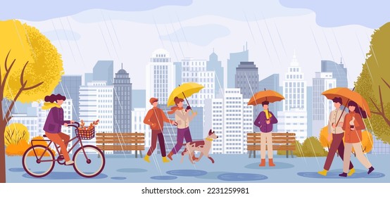 People in fall season. Couple walking with pet under umbrella, young woman riding bicycle, Female and male characters going with coffee under rain. Autumn weather vector illustration