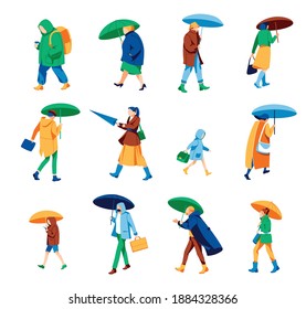 People in fall season set. Men, women and children walking under umbrellas. Autumn or spring season, rainy weather concept. People spending time on nature flat vector illustration