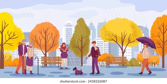 People in fall season, walking in park under tree. Vector of autumn season, illustration of fall park, nature outdoor tree, walk with umbrella