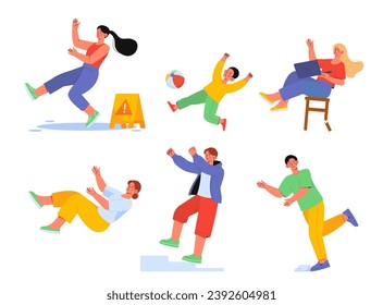 People fall set. Accidents and misfortnues. Young boys and girls slipping at wet floor and roller skates. Unsuccessful characters. Cartoon flat vector collection isolated on white background