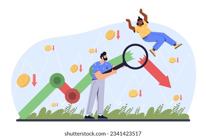 People with fall of stock market concept. Man and woman studying graphs. Traders and investors analysts and consultants. Financial literacy and passive income. Cartoon flat vector illustration