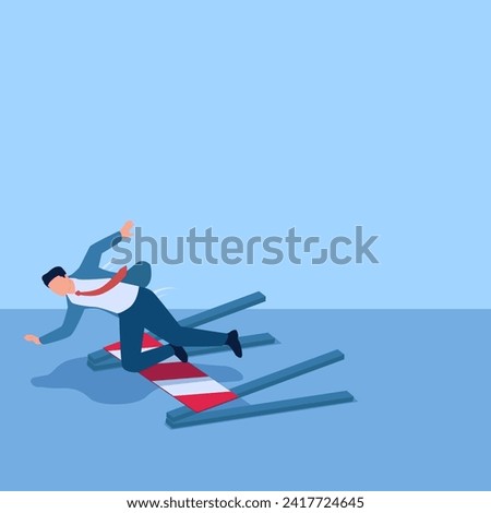 people fall through road blocks, a metaphor for the downfall of business. Simple flat conceptual illustration.