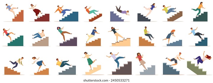 People falling down stairs icons set cartoon vector. Health insurance. Accident risk