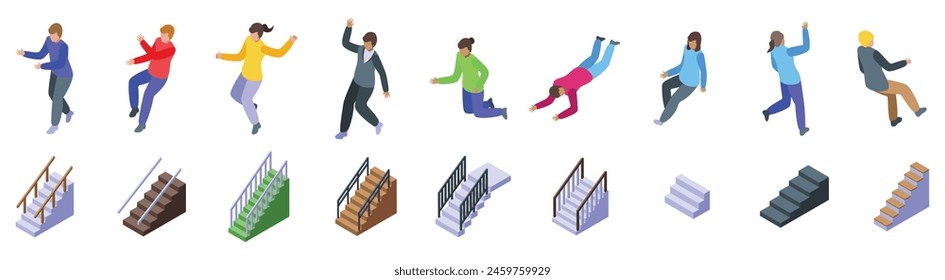 People falling down stairs icons set isometric vector. Health insurance. Accidentally injury