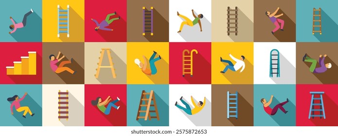 People falling down stairs icons set. Flat vector illustration set of people falling down from different ladders and stairs