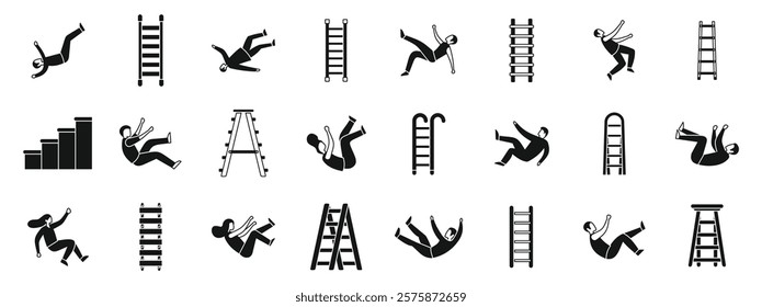 People falling down stairs icons set. Set of simple black icons representing people falling from different types of ladders and stairs, highlighting workplace accidents
