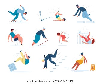 People Falling Down Stairs, Tripping And Slipping On Wet Floor. Young Or Adult Characters Stumble Slip Or Fall Injury Accidents Vector Set. Business Failure Or Misfortune, Jumping Rope Fall