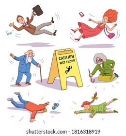 People falling near Caution wet floor yellow sign. Man, woman, grandmother, grandfather, boy and girl slipped. Vector character illustration of traumatic situation, damage from carelessness concept