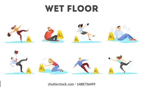 People falling on the wet floor set. Caution sign, warning slippery floor. Injury and accident. Isolated vector illustration in cartoon style