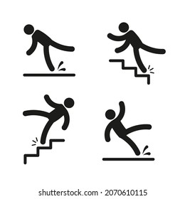 People Falling. Person Slipping On Wet Floor, Falling Down Stairs, Drop From Altitude. Simple Black Silhouette Unbalanced Characters, Warning Sign Set. Vector Cartoon Isolated Illustration