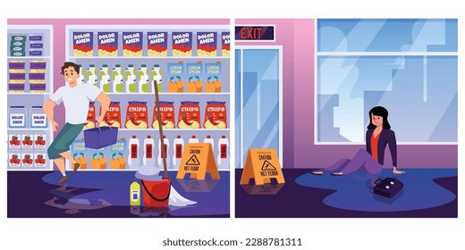 People falling and slipping on wet floor in supermarket and office, flat vector illustration. Wet floor caution sign. Characters falling in front of wet floor warning sign.