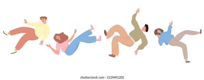 People are falling. Women and men are flying to the floor. A person in an unstable position. The concept of failure, problems. Cartoon vector illustration on an isolated white background.