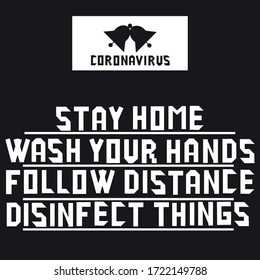 People, families, bells. Medical poster. Coronovirus graphic design. Black background. Logo element for web developers. Words stay at home, wash their hands, watch the distance, disinfect things.