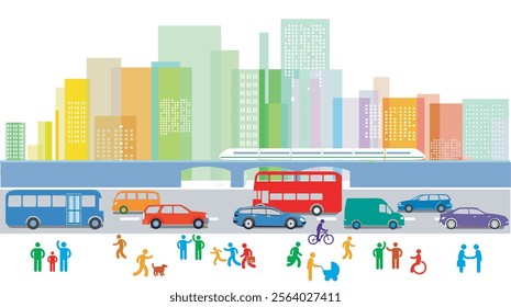 People and families in the Cyti and traffic illustration