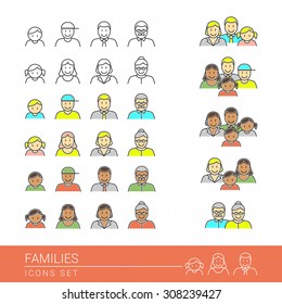 People and families flat icons set, assorted age, gender and ethnicity avatars