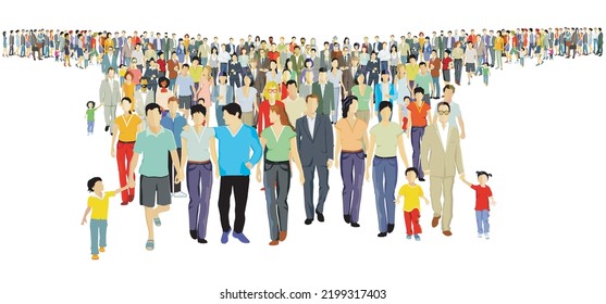 People and families gather together and protest on the street isolated on white background. illustration