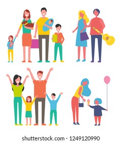 People families isolated icon set. Mother and father with kids, son and daughter, newborn child. Couple with guitar, musician and lady walking vector