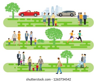 People and families in the park. - Illustration