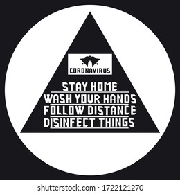 People, families, pyramid, bells. Coronovirus graphic design. Black background. Logo element for web developers. Words stay at home, wash their hands, keep track of the distance, disinfect things.