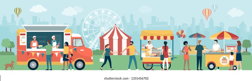 People and families at the street food festival in the city park, they are enjoying and eating delicious snacks, circus and panoramic wheel in the background