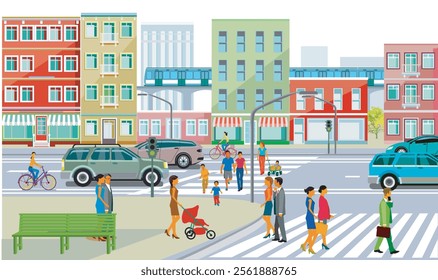 People and families in the suburb and traffic illustration