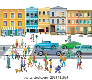 People and families in the suburb and traffic illustration